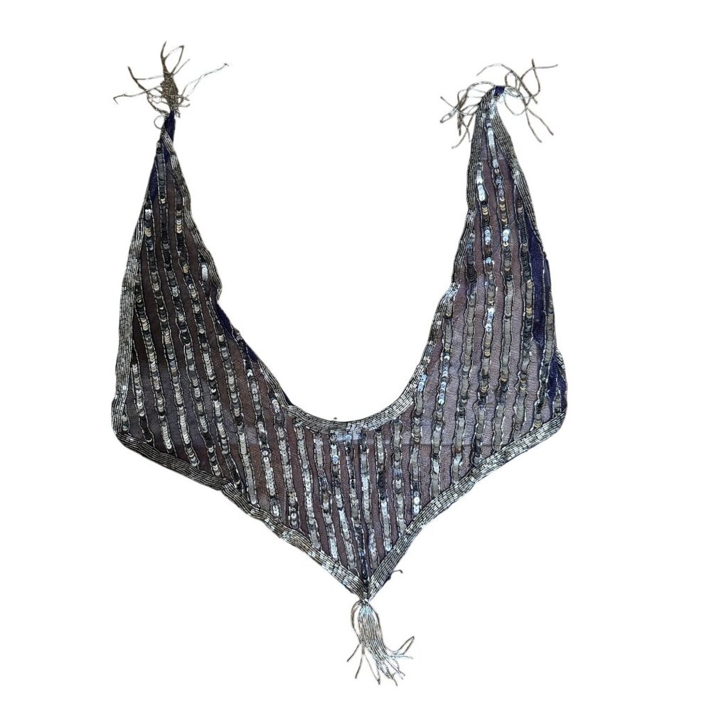Blue Mesh Silver Sequin Glass Beaded Triangle Shawl Wrap Fringe 23" - Picture 11 of 11